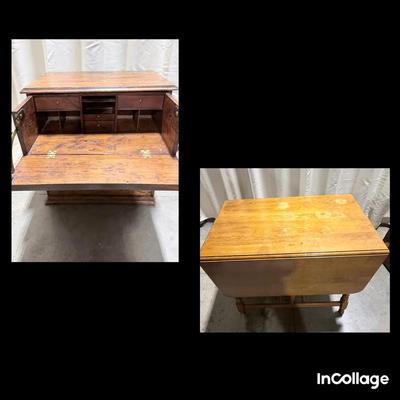 Antique Secretary Bureau Writing Cabinet And Drop Leaf Maple Table 
