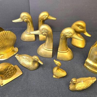  Vintage Brass Bookends, Ducks, Towle Seashells  