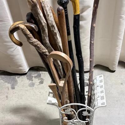 Basket Of Vintage Walking Sticks 