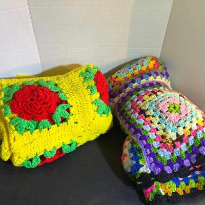 Handmade Crochet Blanket Yellow w/ Red Roses & Multicolored Big Squares
