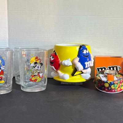 (6) Disney McDonalds Mickey Mouse Souvenir Cups, M & Ms Planter Crock & Watch 