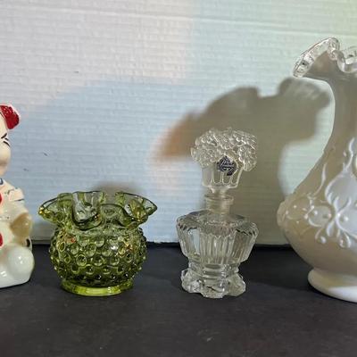 Fenton Silver Crest Ruffled Spanish Lace Vase, Hobnail Green Ruffle Vase, Irice Perfume Bottle 