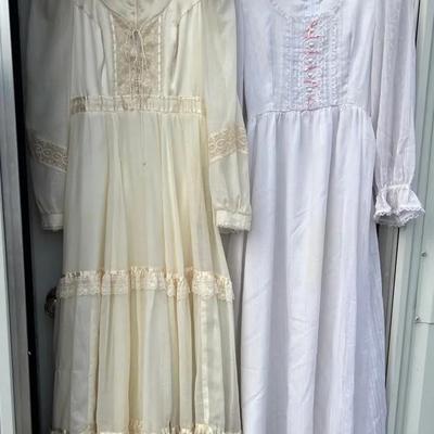 Vintage Gunny Sax Dress Womens, Homemade Full Length White Dress Ribbon