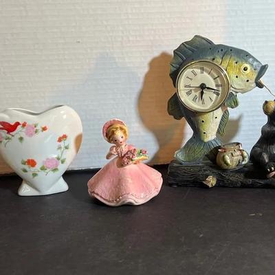 Disney Mickey & Minnie Mouse S/P Shakers, Bear Gone Fishing Clock, Josef Pink Figure