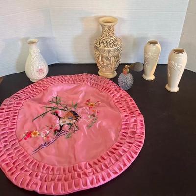 Lenox Vases (2), Hand Carved Base Italy, Perfume Bottle, Embroidery Pillow Case Pink Bird