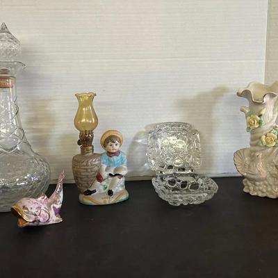 Glass Genie Bottle Decanter w/ Stopper, Kitschy Marbled Glaze Fish, Glass Pebble Ashtrays