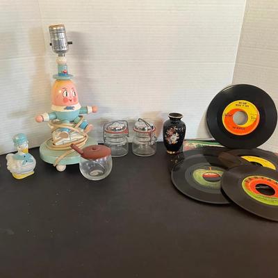 Humpty Dumpty Wood Lamp, Redwood Honey Jar & Spoon, 45 RPM Beatles