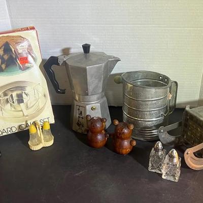 Rooster S/P Shakers, Flour Sifter, Antique Potato Cutter, Teddy Bear S/P Shakers 