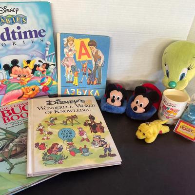 Tweety Green Plush, Disney Books & Mickey Slippers, Poppies Child Mug, Lisa Frank Keychain 
