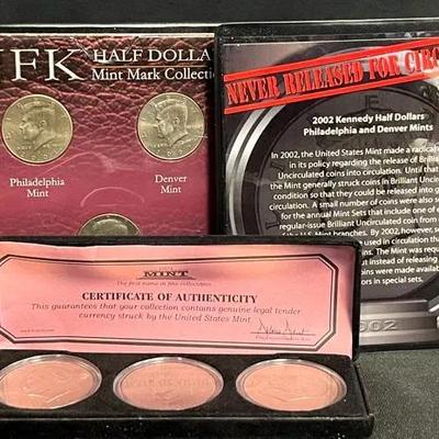 (1) JFK Mint Mark Collection, (3) Eisenhower Dollars, (1) Kennedy Half Dollars Collection 