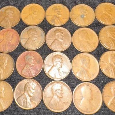 #5 (20) Lincoln Wheat Pennies- 1920s, 1930s, 1940s, 1950s