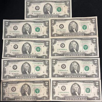 Assortment Of Green Seal Two Dollar Bills 