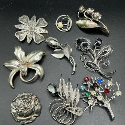Sterling Flower Pins Lot Of 9