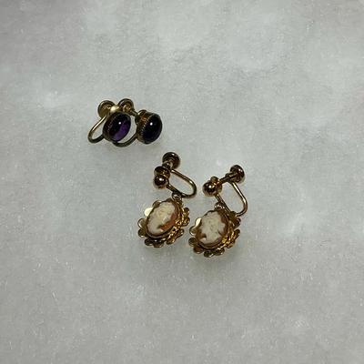 12k GF Cameo & Purple Screw-Back Earrings