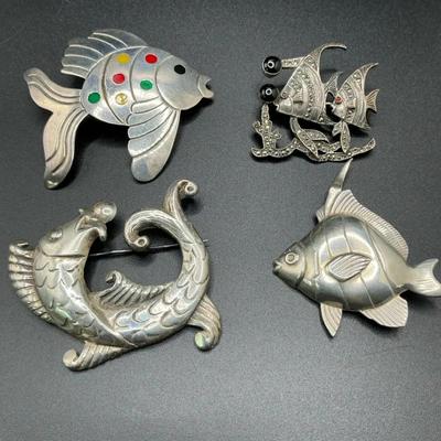Sterling Fishy Pins Lot Of 4