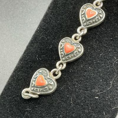 Coral And Sterling Heart Bracelet