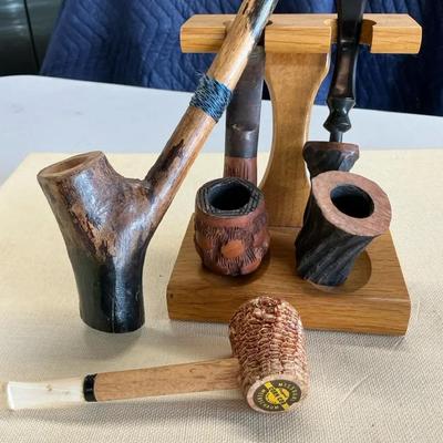 Corn Cob And Carved Wood Pipes Lot Of 4