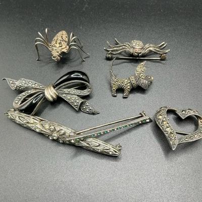 Sterling And Marcasite Pins Lot Of 7