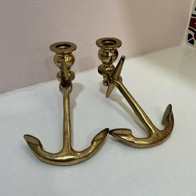 VTG Brass Anchor Candlestick Holder Pair