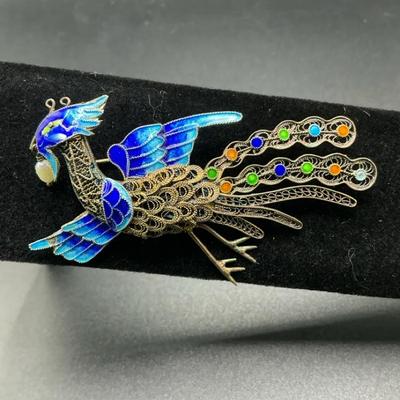 VTG Peacock Pin Filigree And Cloisonné 