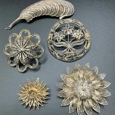 Sterling Filigree Flower Pins Lot Of 5