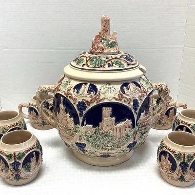 Vintage German Stoneware Punch Bowl W/ 6 Cups