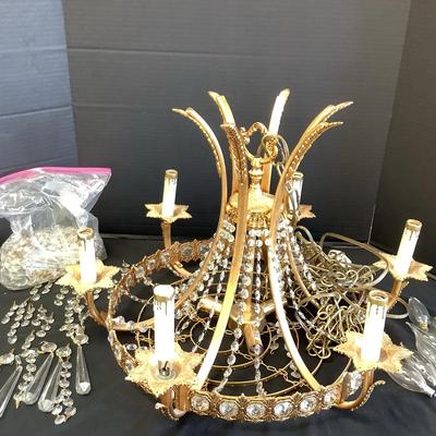 Gold Tone Metal Chandelier W/Crystal Prisms