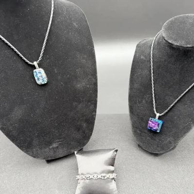 (2) Dichroic Glass Pendants with Black Braided Cords