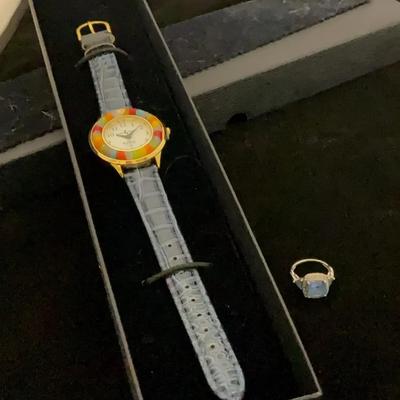 10K White Gold Ring with Blue Stone, Stauer Venezia Murano Watch with Blue Band  
