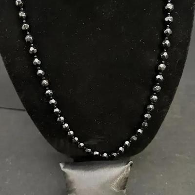 Black Beaded 15" Necklace, Cloisonn Black Bracelet, Pink Rhinestone Dangle Earrings