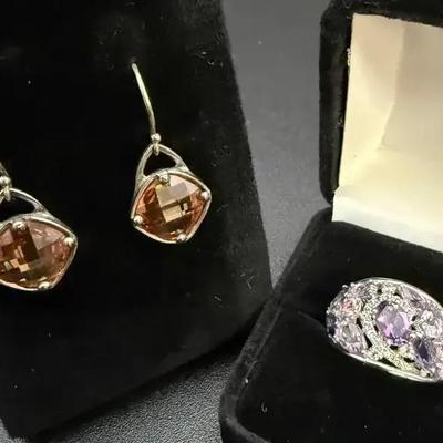 Silpada Sterling Silver Citrine Stone Dangle Earrings & Sterling Silver Amethyst Ring