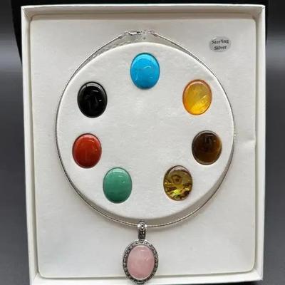 Sterling Silver Necklace With 8 Interchangeable Semi-Precious Cabochons