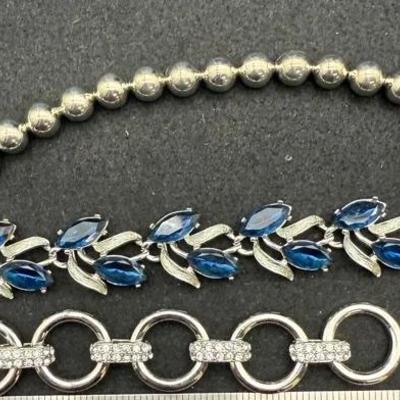 3 Bracelets: Silver Tone Beaded, Blue & Silvertone Leaves, Rhinestone Circles
