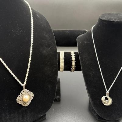 Silver Tone Necklace and Sterling Silver Pendant, Upscale Costume Jewelry Lot Of 4