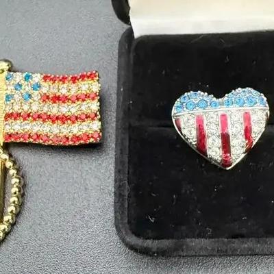 Swarovski American Flag Heart Pin & Vintage Flag Broach