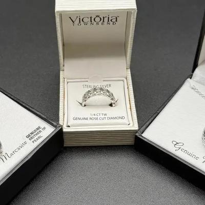 Sterling Silver Ring With Diamonds & (2) Marcasite Onyx and Mother of Pearl Necklaces