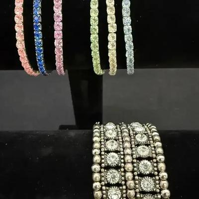 7 Costume Jewelry Bracelets - Multicolored & Clear Gemstones