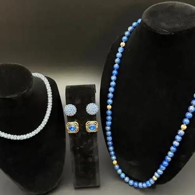 14kt Gold 30" Blue Lapis Lazuzli Beads, Swarovski Crystal,  Topaz Blue Earrings, Monet Necklace,