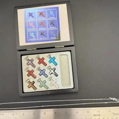 Gemstone Crosses With Chain, Set Of 9 