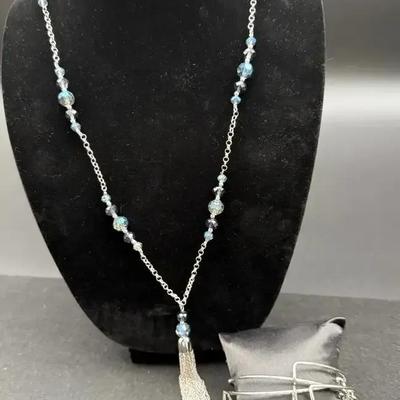 Liz Claiborne Blue Tassel Necklace (16" Chain), 5 Charm Bracelets