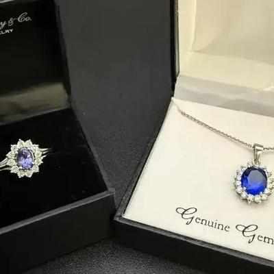 10kt White Gold Tanzanite Ring & Sterling Silver Stone Necklace