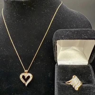 10kt Gold & Diamond Necklace, Heart Pendant & 10kt Gold & Diamond Ring