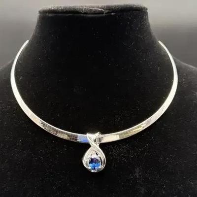 14kt White Gold Italian Omega Chain with 10kt Gold Slide with Blue Topaz  