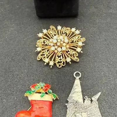 Vintage Pewter Gnome Ornament, Enamel Christmas Pin, Gold tone Starburst Pin and more 