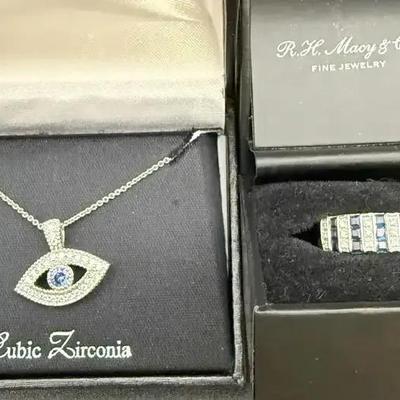 14kt Blue Sapphire & Diamond Ring With Silver All Seeing-Eye Stone Pendant & Chain