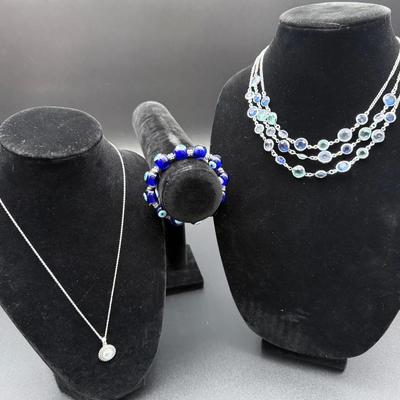 Liz Claiborne Blue Costume Necklace, Sterling Silver Marsala & Blue Glass Bead Bracelet