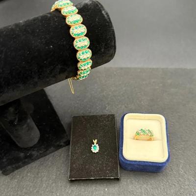14kt ring w/diamond & green stone, 10kt slide green/clear stones, Vintage Ciner Bracelet