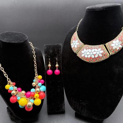 Tibetan Brass Necklace with Red Coral & Mother of Pearl Inlay,
Multi-color beaded gold tone necklace