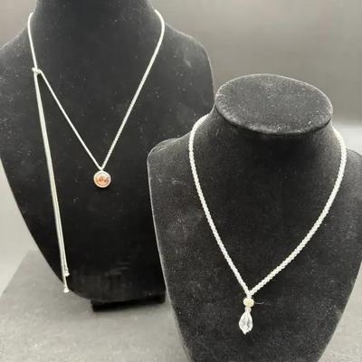 Silvertone Lariet Costume Necklace with Pink Tone Stone,
Clear Teardrop Silvertone Necklace
