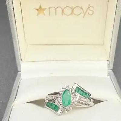 Emerald, Diamond & Sterling Silver Ring In original Macy's Box